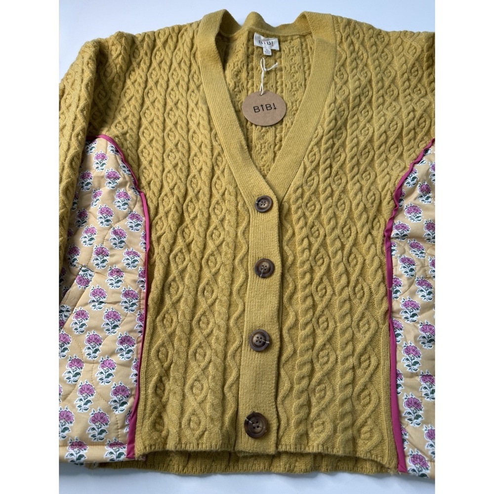 BIBI Cable Knit Floral Combo Cardigan Women's XL Yellow Mustard Quilted NWT - Picture 9 of 14